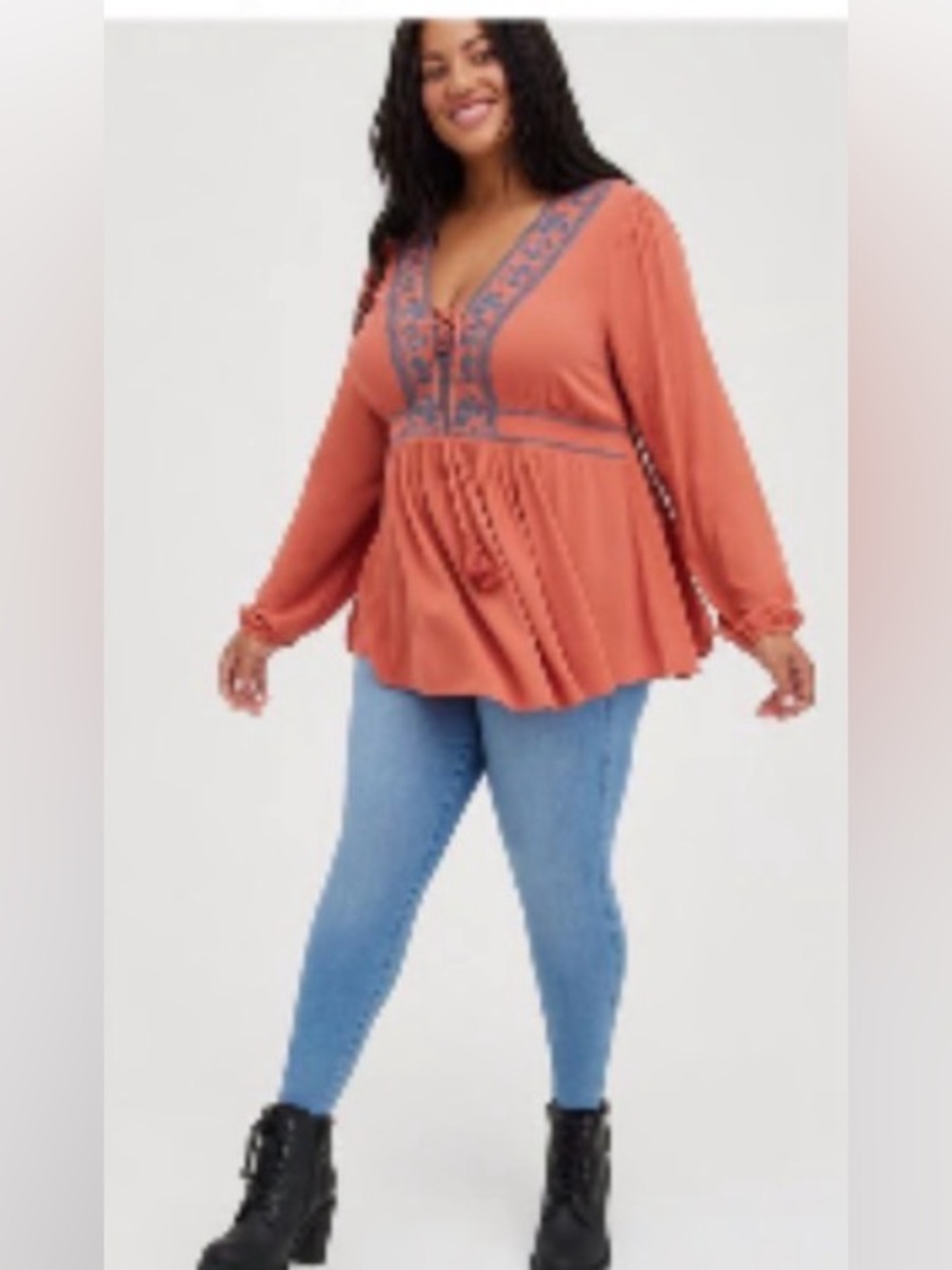 Torrid Babydoll Rayon Crepe Embroidered Lace-Up Top 3XL